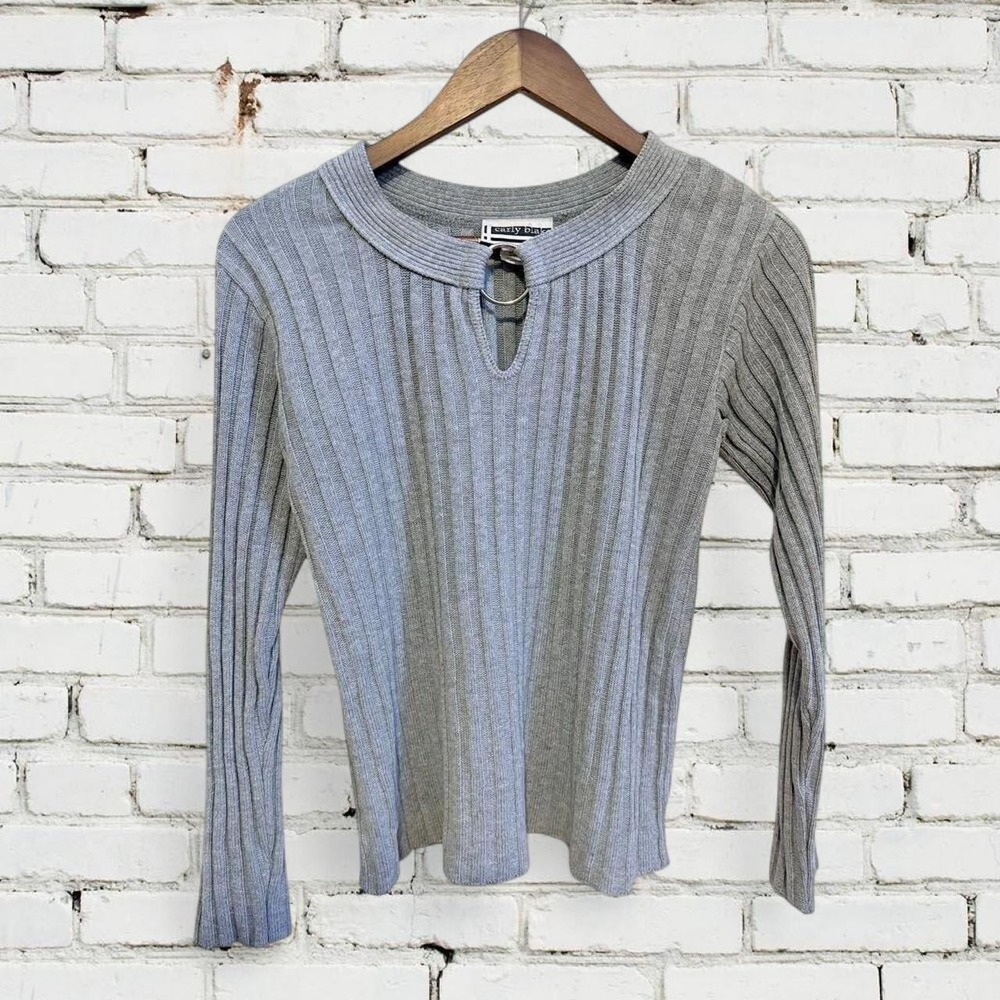 Carly Blake Ribbed Knit Sweater Womens‎ Medium Grey Keyhole Long Sleeve Top USA